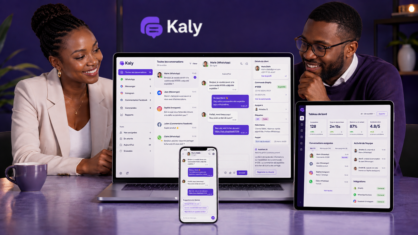 Visuel marketing Kaly avec personne, laptop, mobile et dashboard